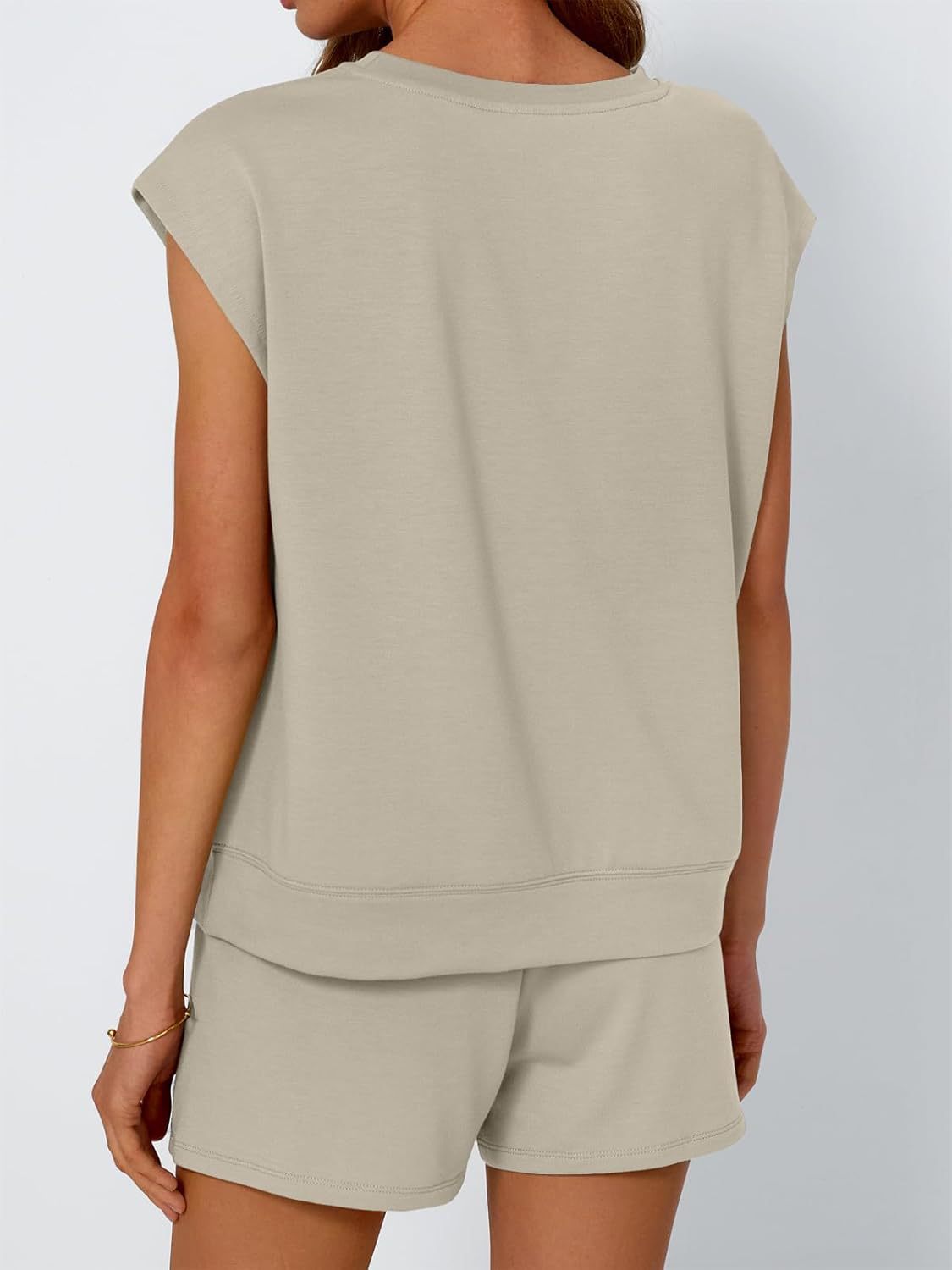 Cap Sleeve Tee Drawstring Shorts Set - Khaki - 2