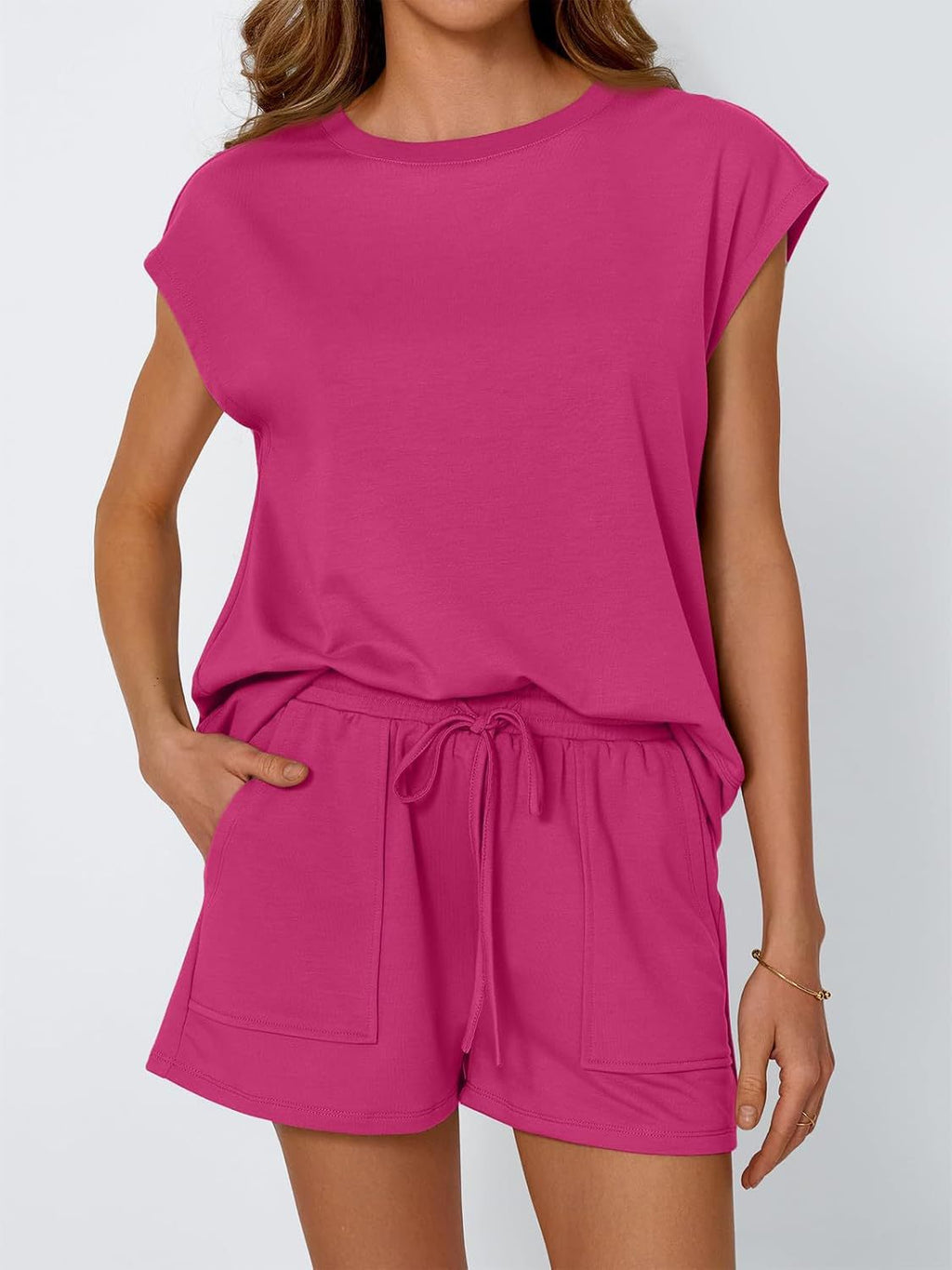 Cap Sleeve Tee Drawstring Shorts Set - Rose