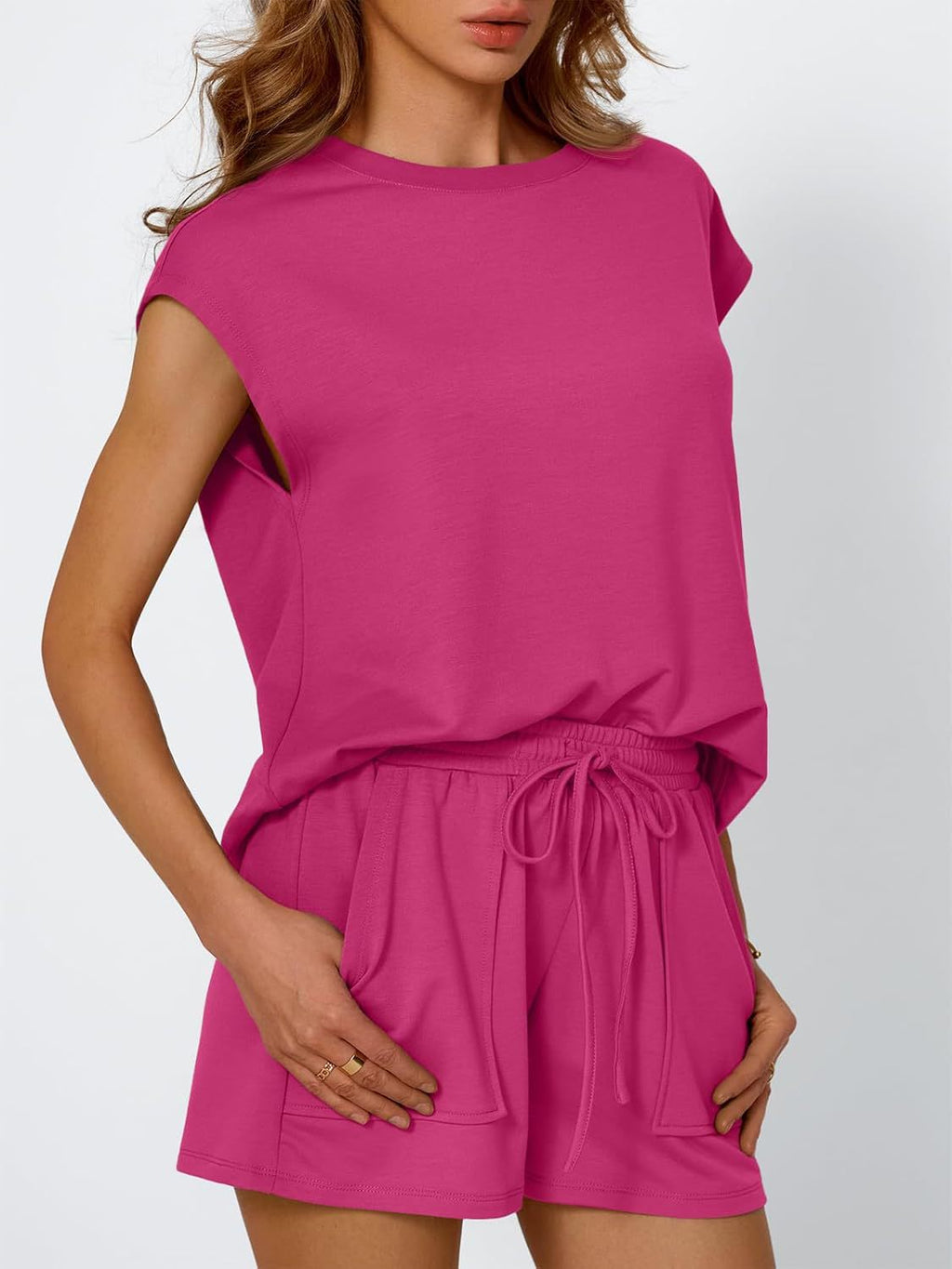 Cap Sleeve Tee Drawstring Shorts Set - Rose - 1