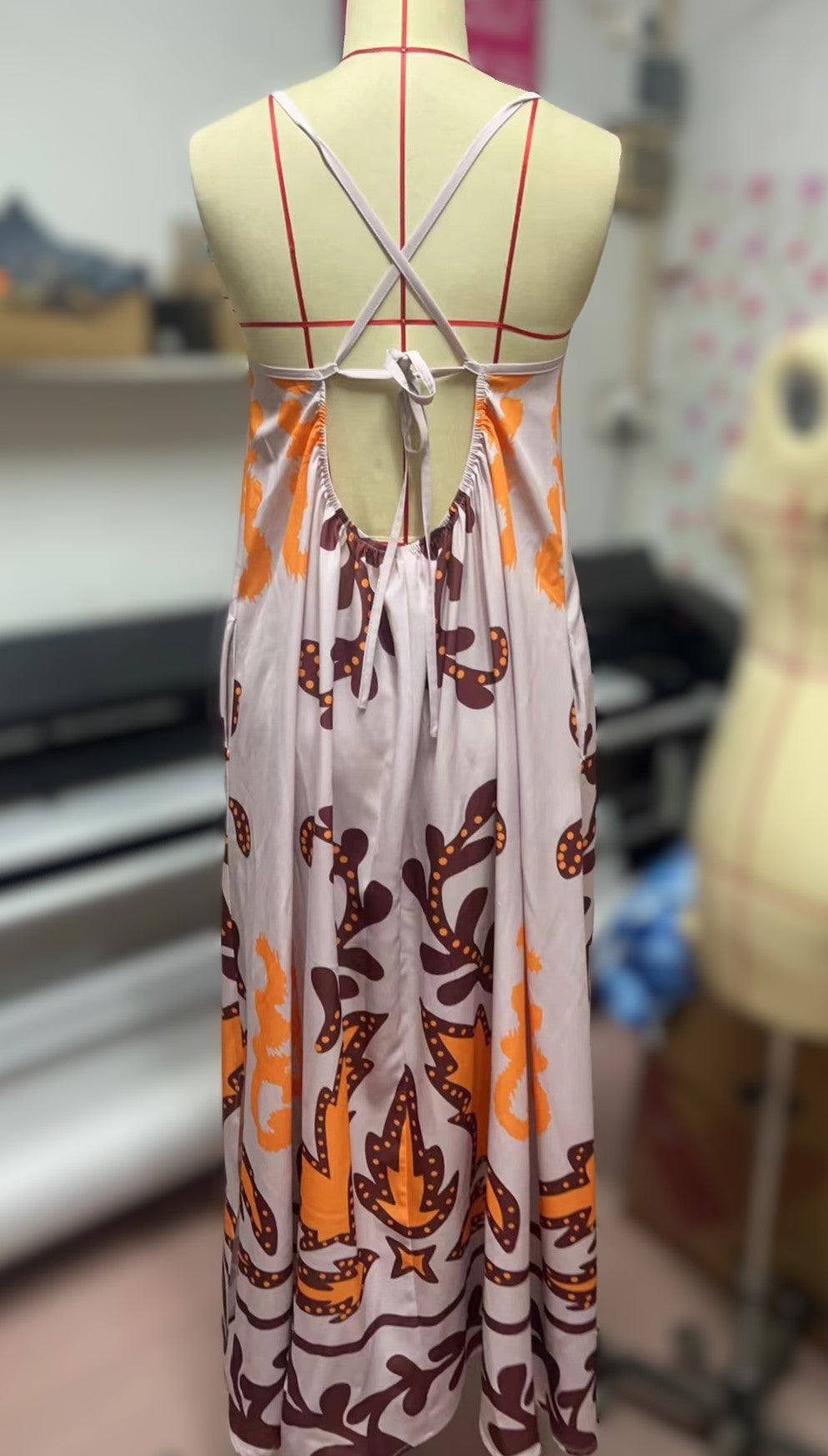Boho Damask Print Strappy Maxi Dress - OrangeGrey - 1