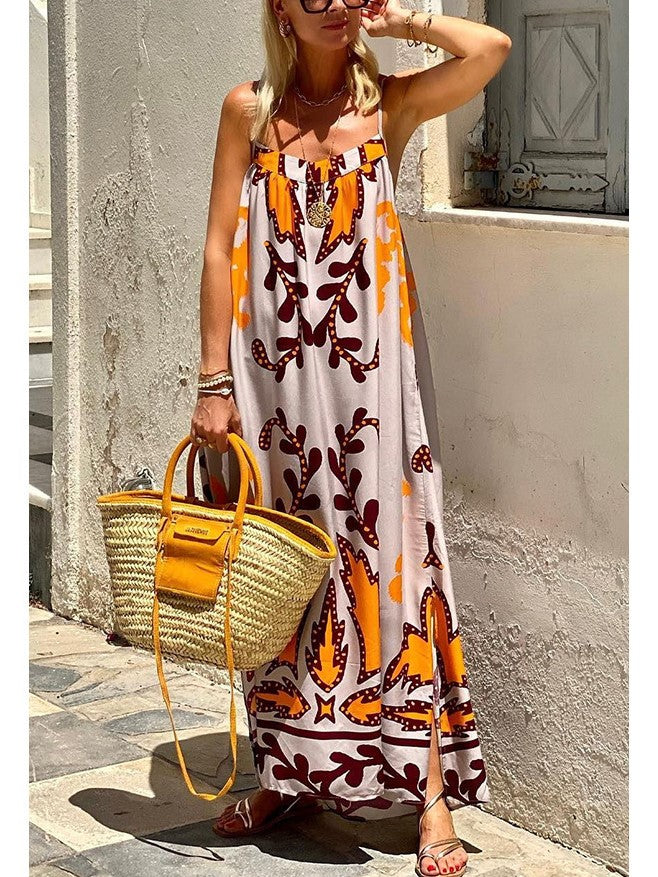 Boho Damask Print Strappy Maxi Dress - OrangeGrey - 2