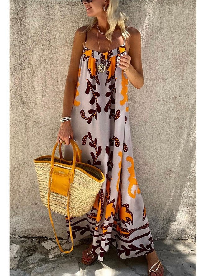Boho Damask Print Strappy Maxi Dress - OrangeGrey - 3