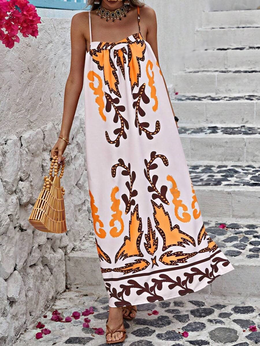 Boho Damask Print Strappy Maxi Dress - WhiteOrange