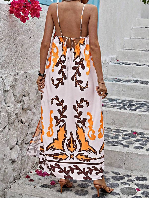 Boho Damask Print Strappy Maxi Dress - WhiteOrange - 1