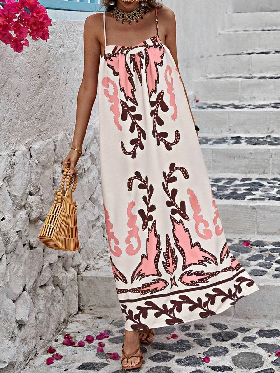 Boho Damask Print Strappy Maxi Dress - WhitePink