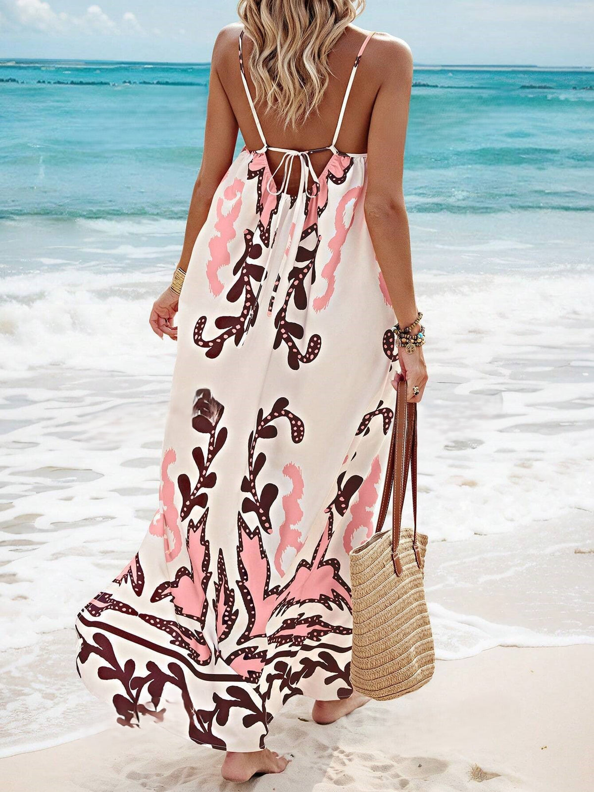 Boho Damask Print Strappy Maxi Dress - WhitePink - 1