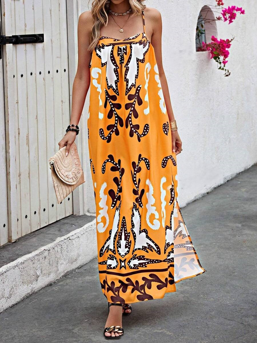 Boho Damask Print Strappy Maxi Dress - Yellow