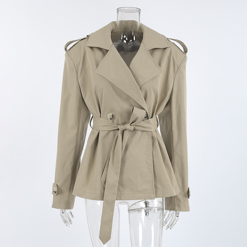 Belted Double Breasted Short Trench Jacket - Khaki