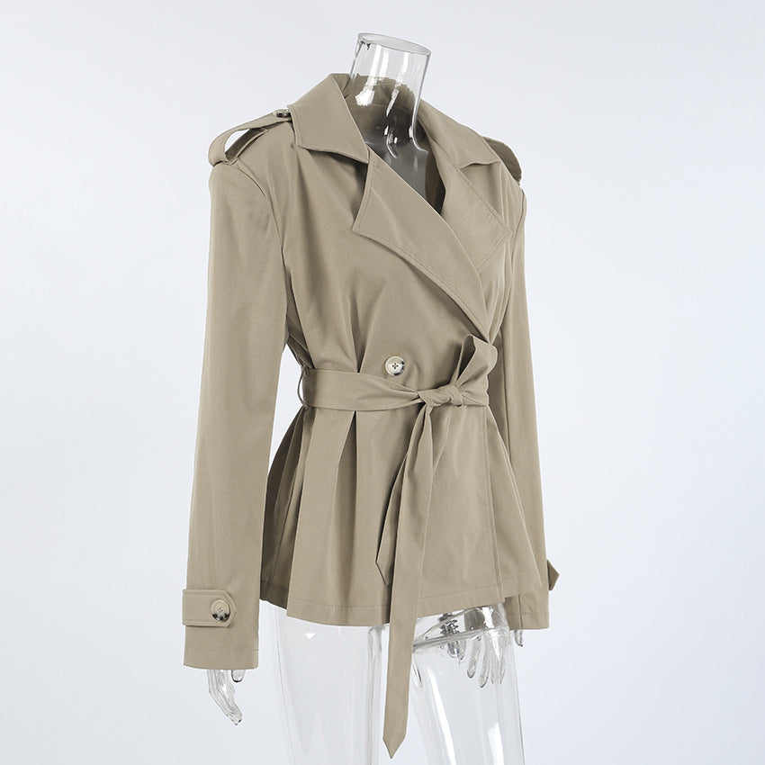 Belted Double Breasted Short Trench Jacket - Khaki - 1