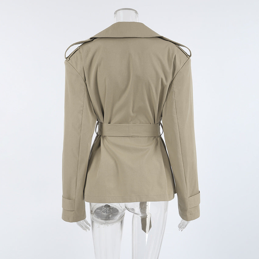 Belted Double Breasted Short Trench Jacket - Khaki - 2