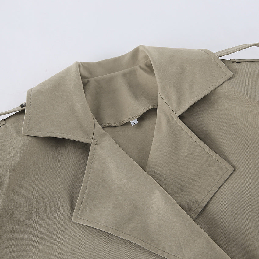 Belted Double Breasted Short Trench Jacket - Khaki - 3