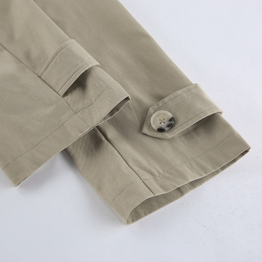 Belted Double Breasted Short Trench Jacket - Khaki - 4