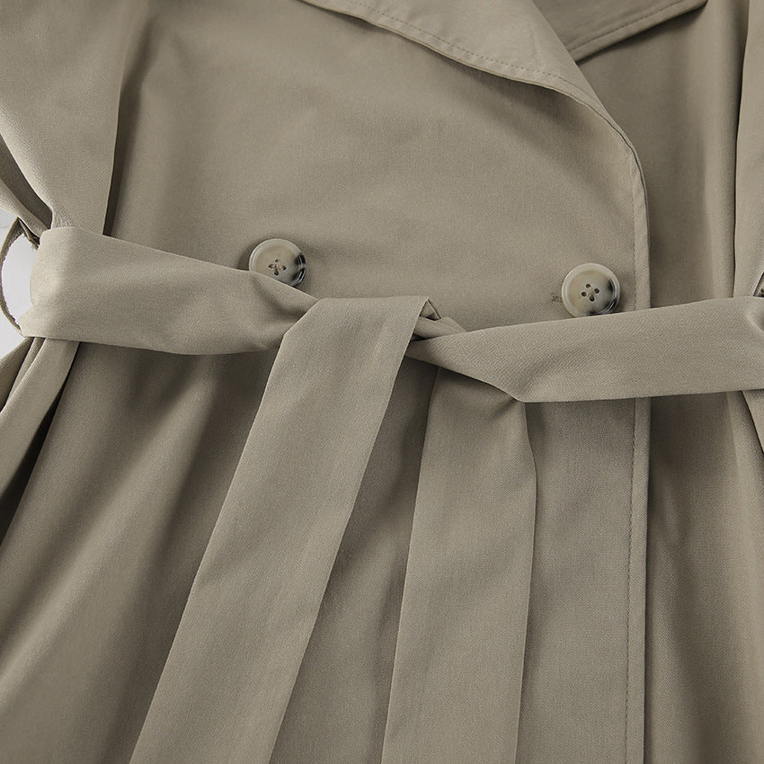Belted Double Breasted Short Trench Jacket - Khaki - 5