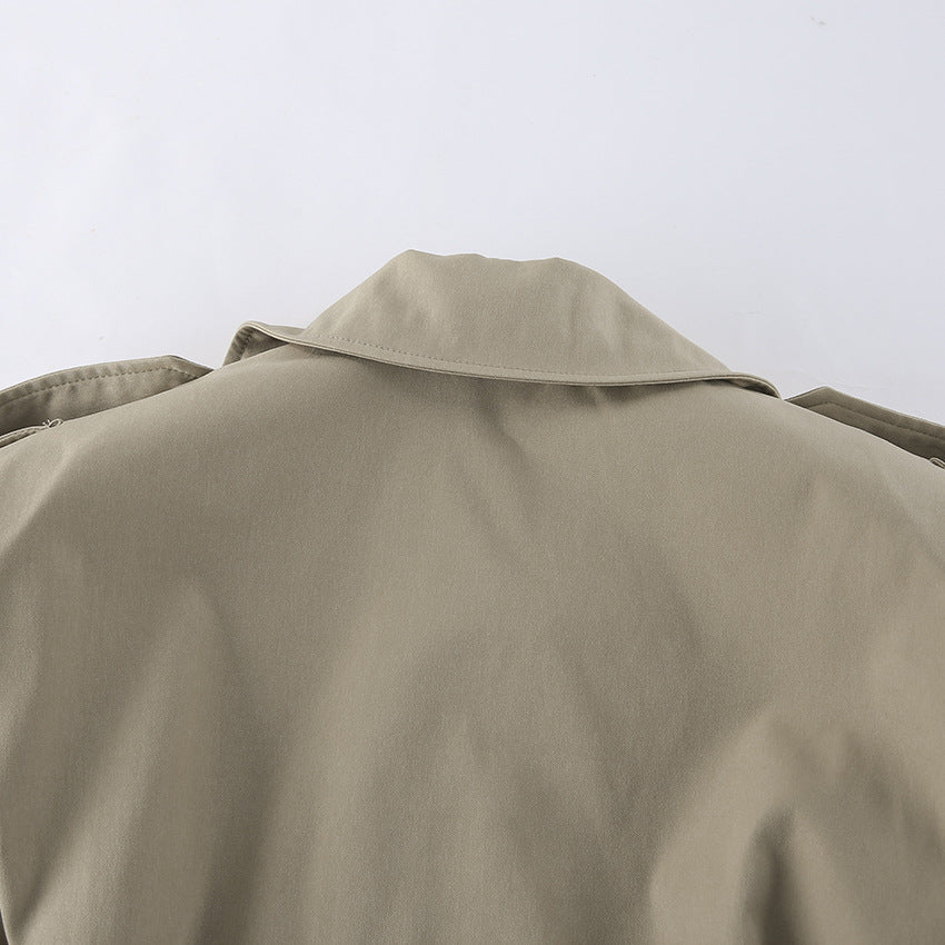 Belted Double Breasted Short Trench Jacket - Khaki - 6