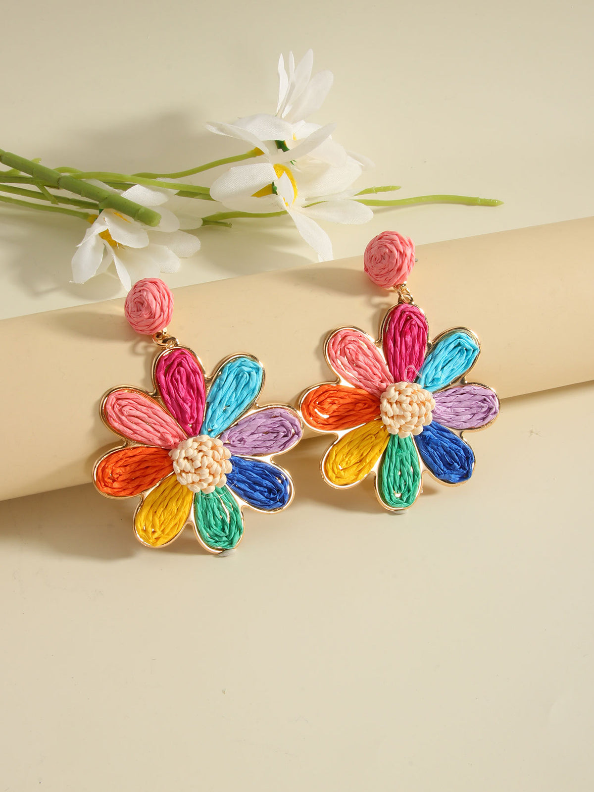 Woven Raffia Daisy Flower Drop Earrings - Colorful