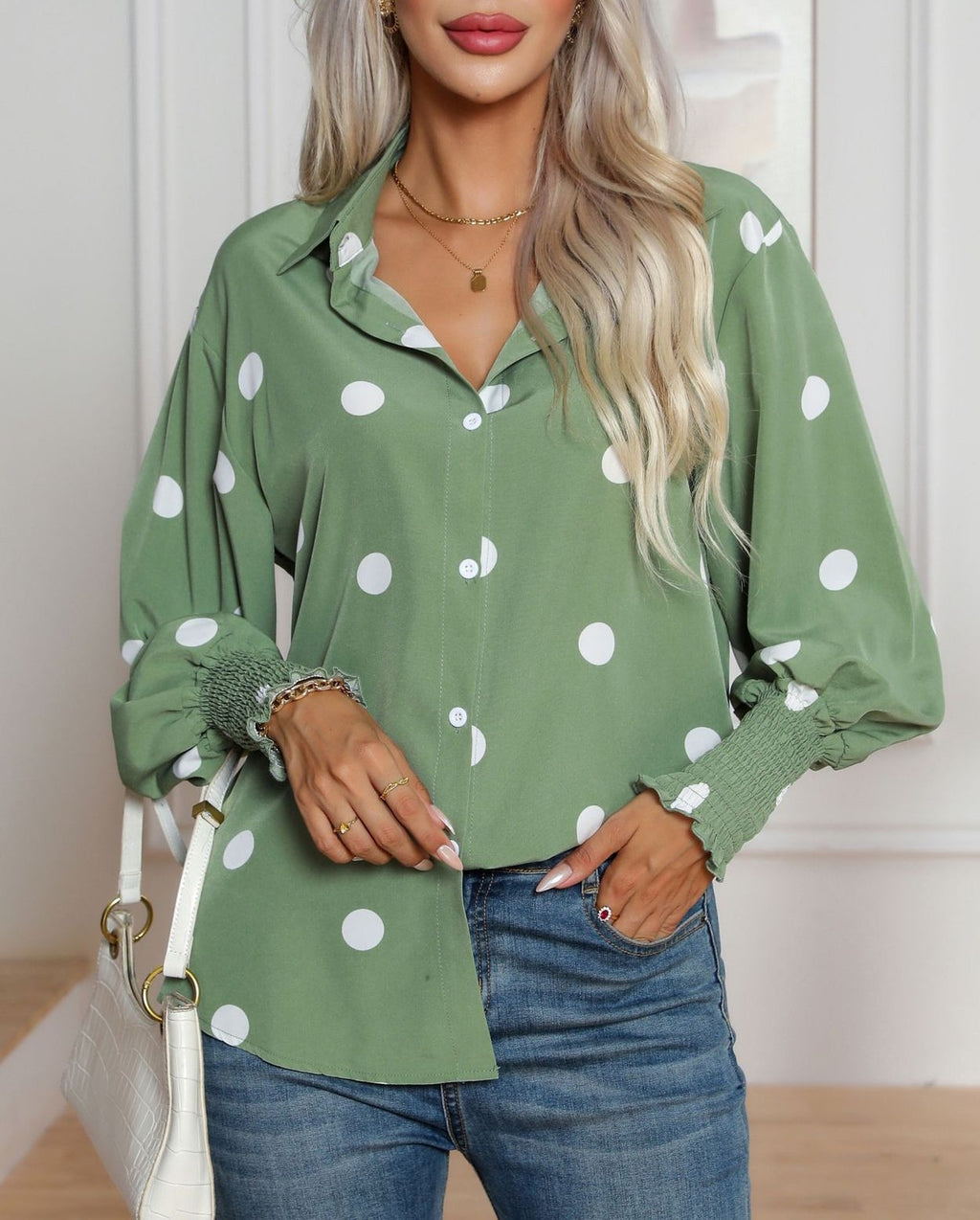 Oversized Spot Print Balloon Sleeve Shirt - Green