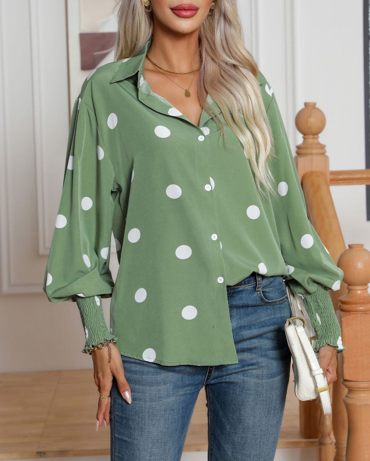 Oversized Spot Print Balloon Sleeve Shirt - Green - 1