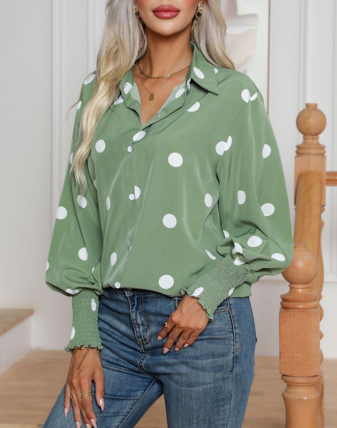 Oversized Spot Print Balloon Sleeve Shirt - Green - 2