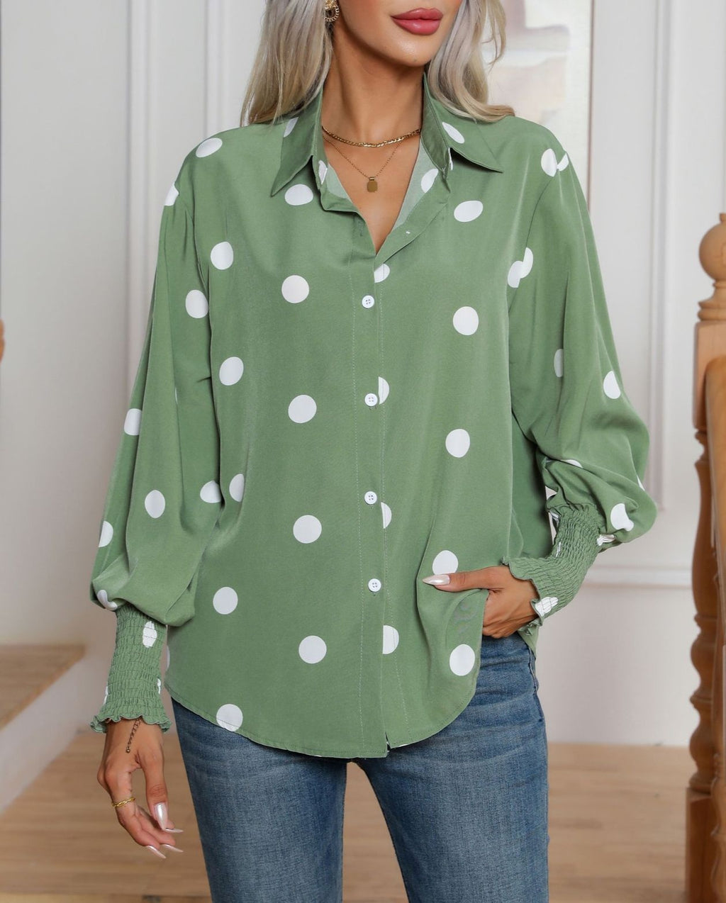 Oversized Spot Print Balloon Sleeve Shirt - Green - 3
