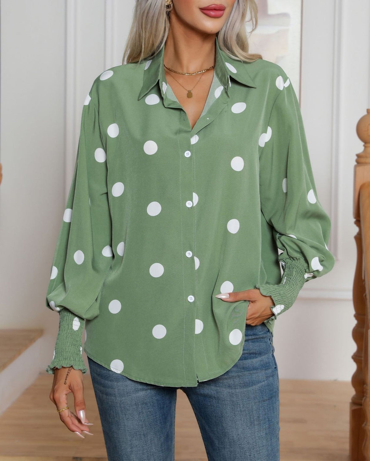 Oversized Spot Print Balloon Sleeve Shirt - Green - 3