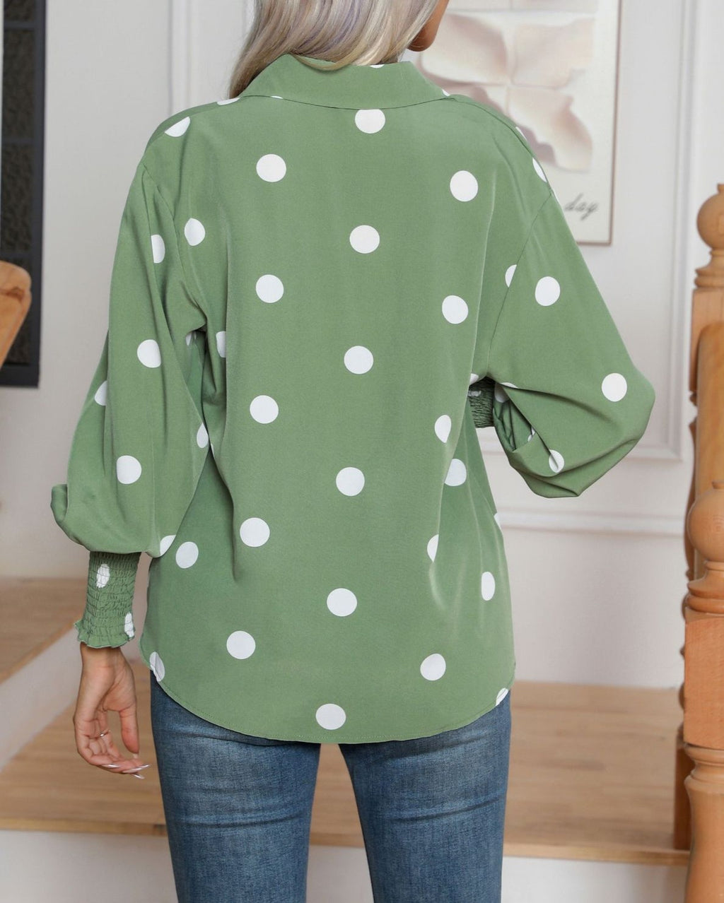 Oversized Spot Print Balloon Sleeve Shirt - Green - 4