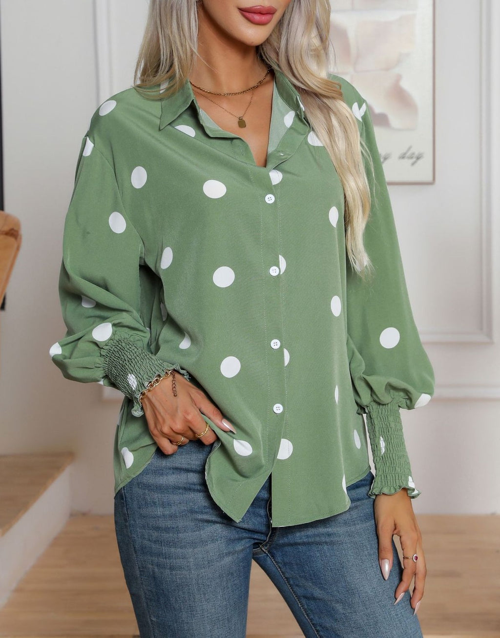 Oversized Spot Print Balloon Sleeve Shirt - Green - 5