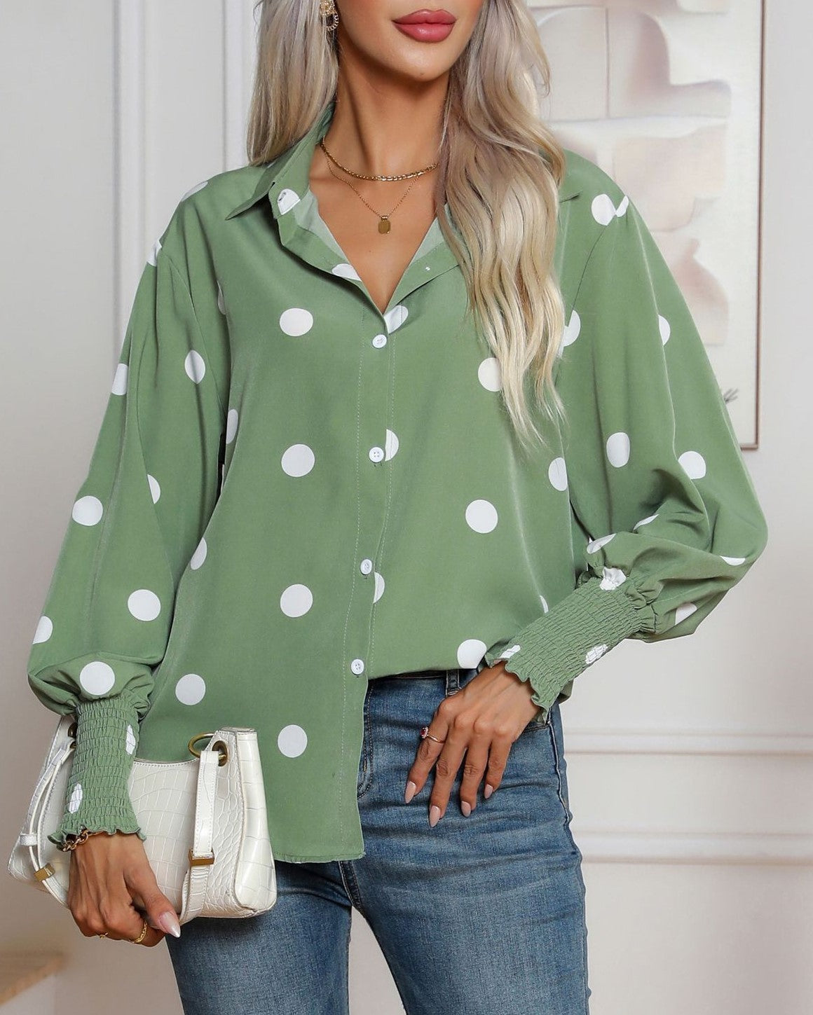 Oversized Spot Print Balloon Sleeve Shirt - Green - 6