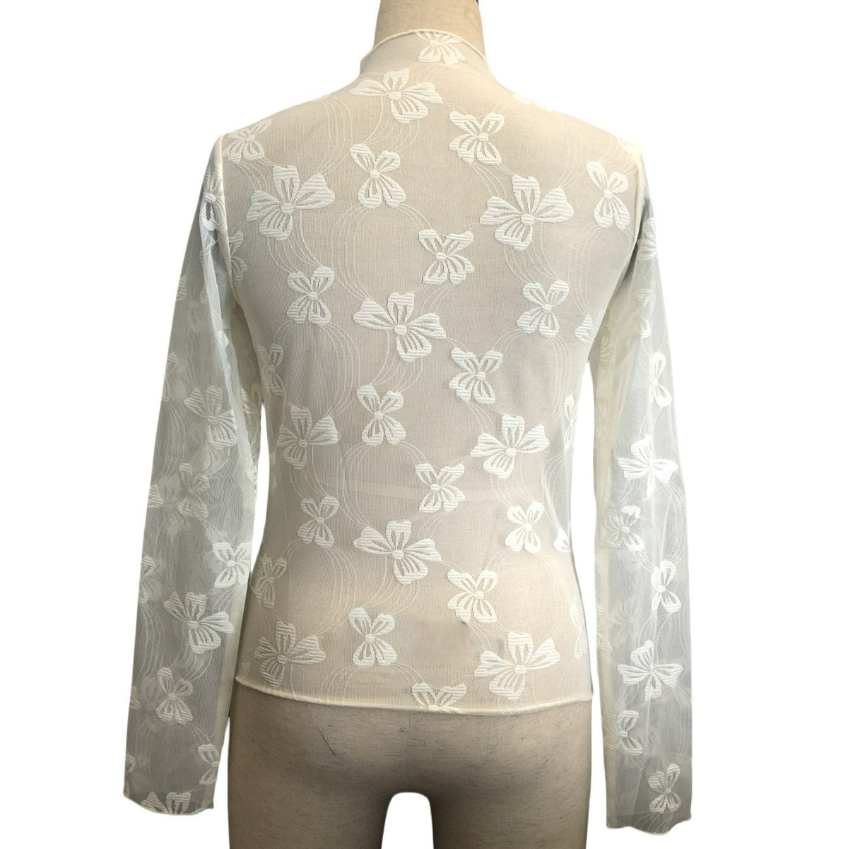 Butterfly Jacquard Sheer Mesh Mock Neck Top - White