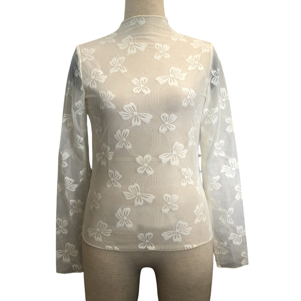 Butterfly Jacquard Sheer Mesh Mock Neck Top - White - 1