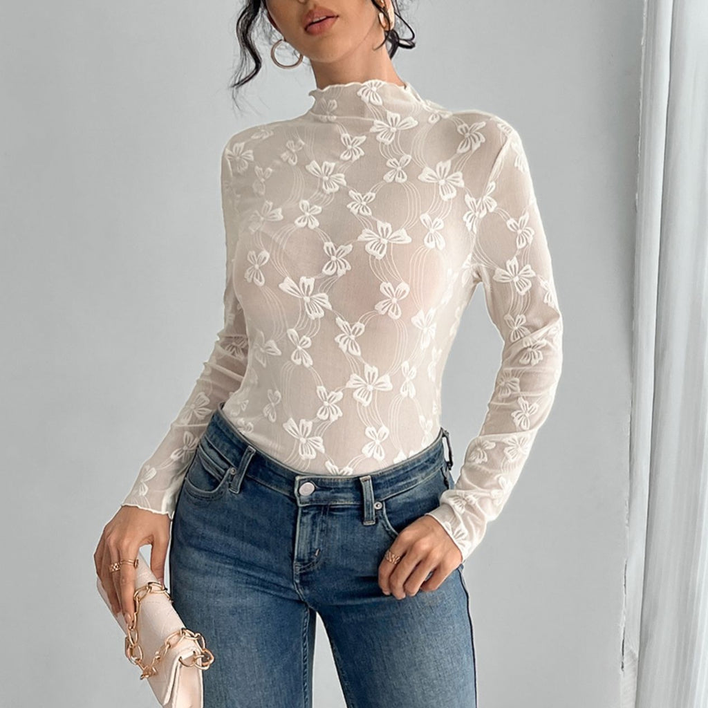 Butterfly Jacquard Sheer Mesh Mock Neck Top - White - 3