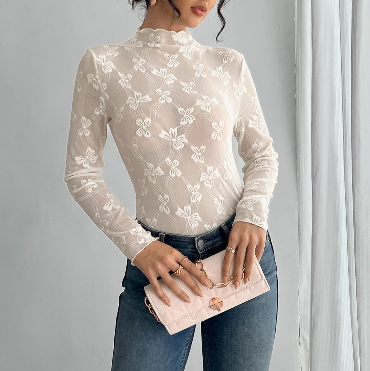 Butterfly Jacquard Sheer Mesh Mock Neck Top - White - 4