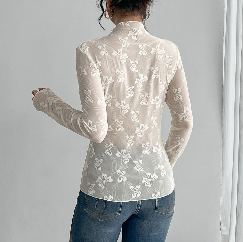 Butterfly Jacquard Sheer Mesh Mock Neck Top - White - 5