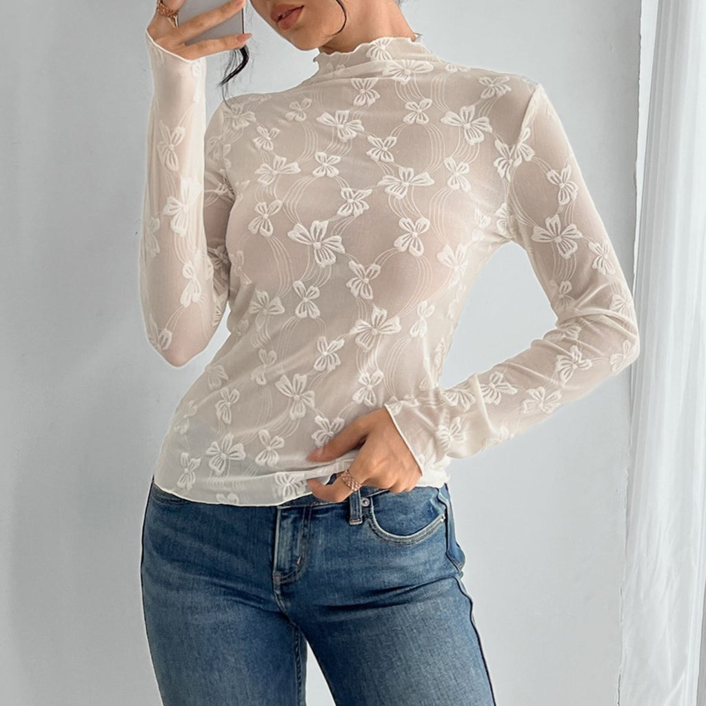 Butterfly Jacquard Sheer Mesh Mock Neck Top - view 1