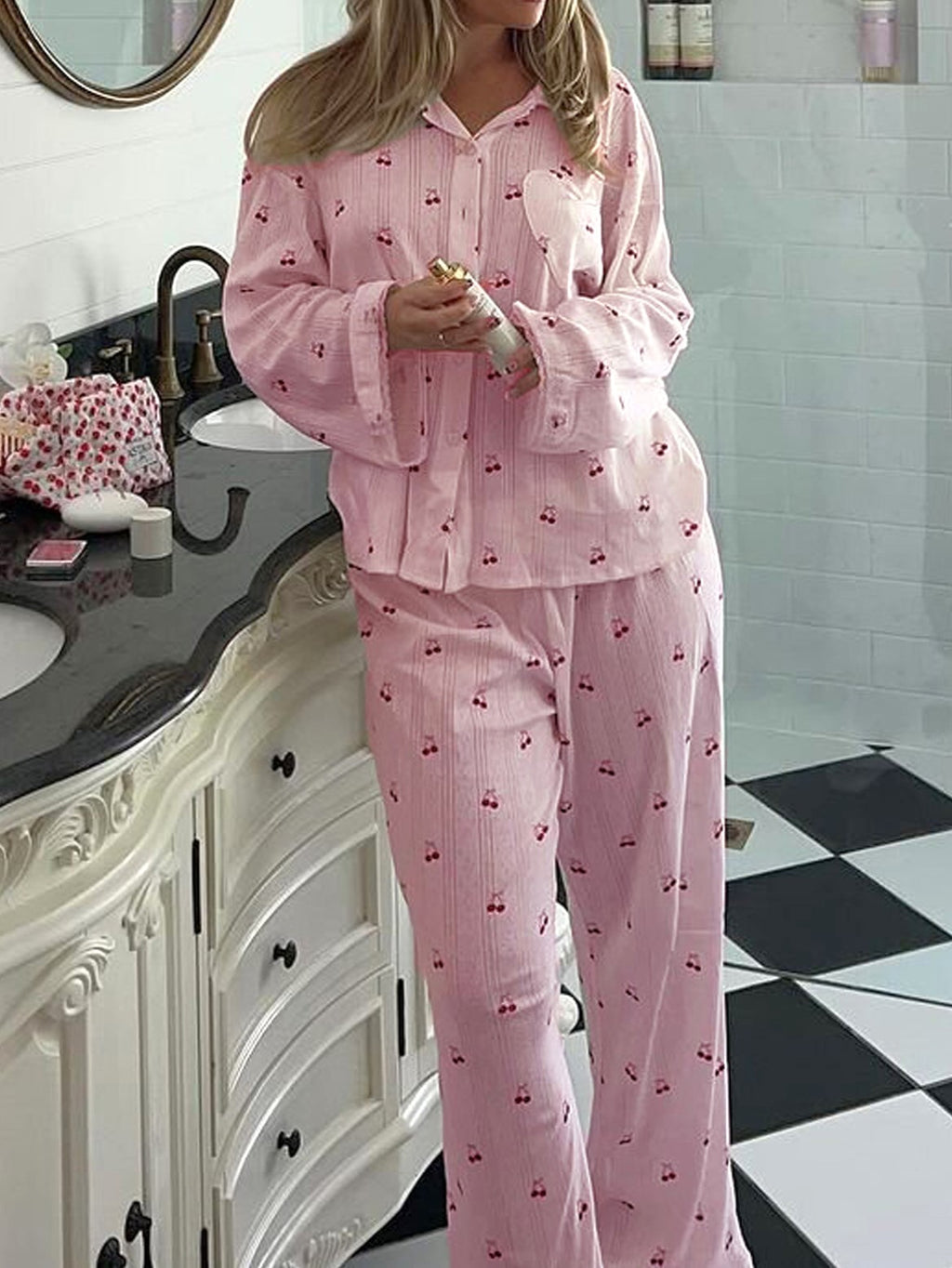 Cherry Print Cotton Pajama Set - Pink