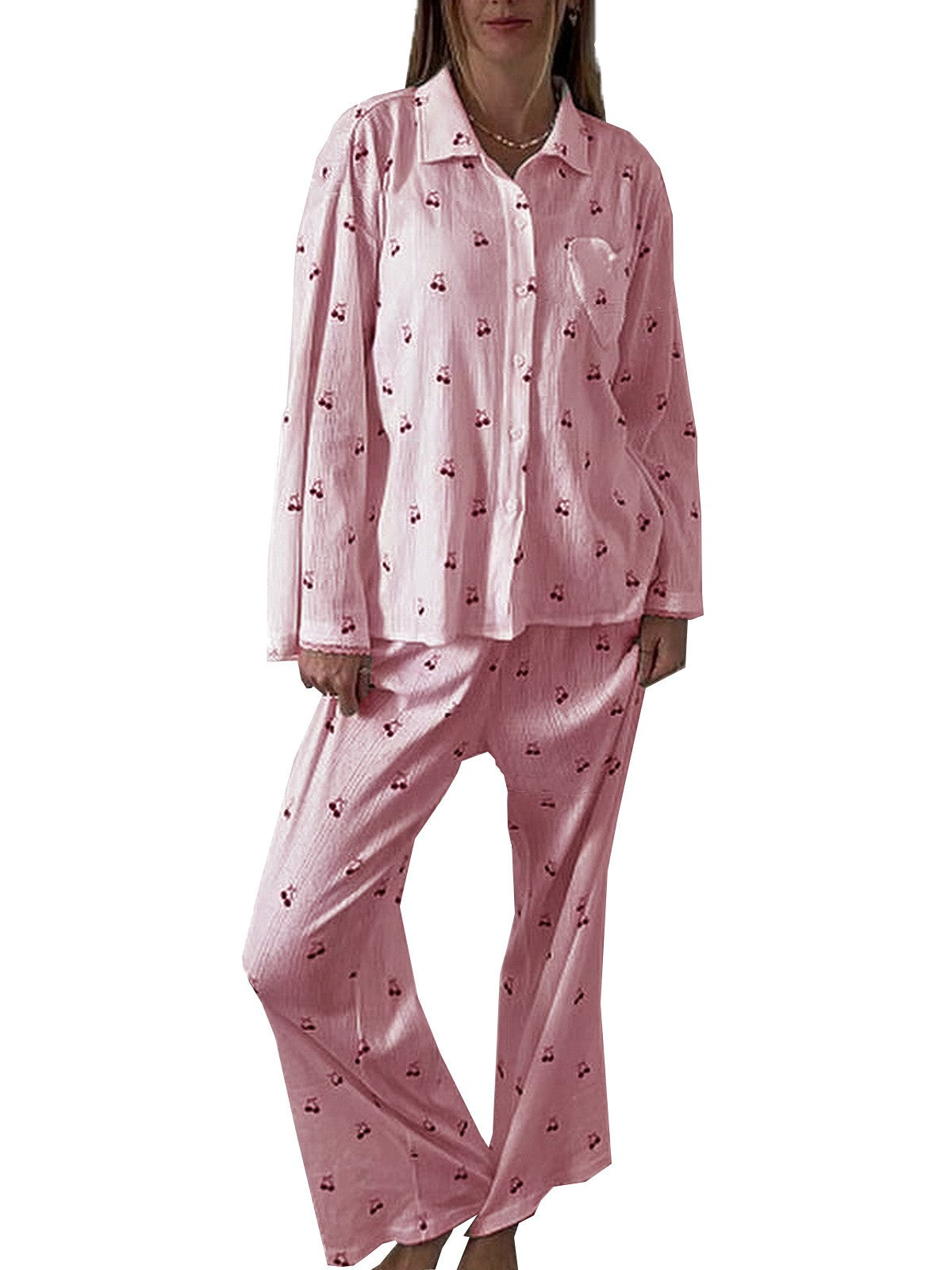 Cherry Print Cotton Pajama Set - Pink - 1