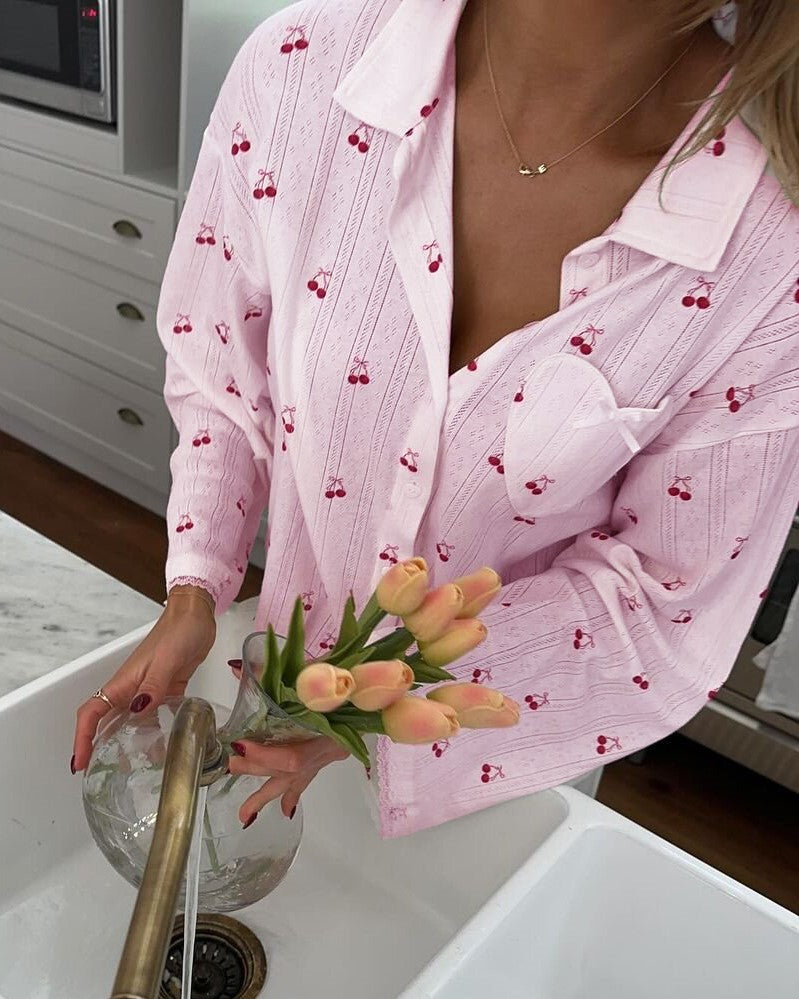Cherry Print Cotton Pajama Set - Pink - 2