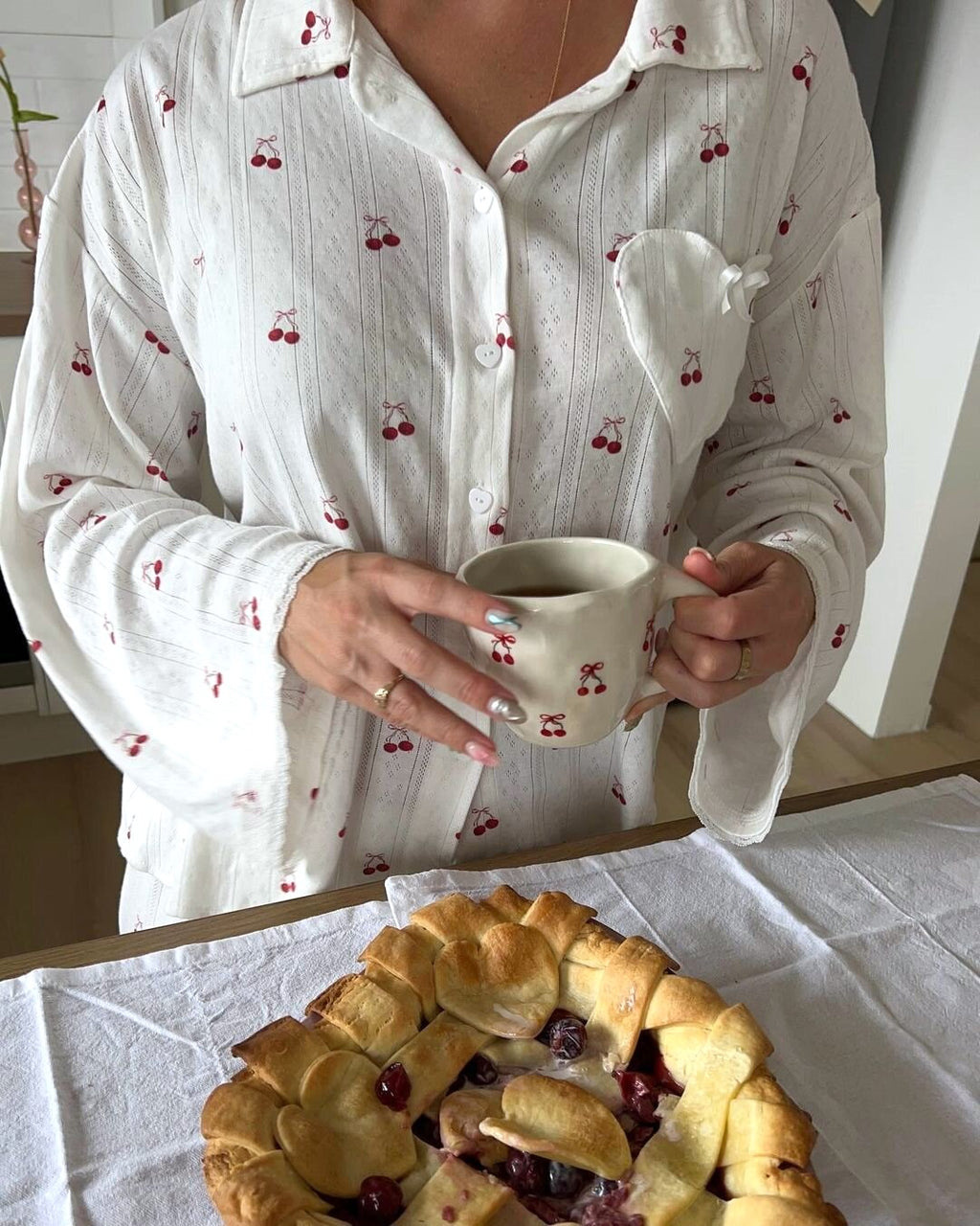 Cherry Print Cotton Pajama Set - White - 2