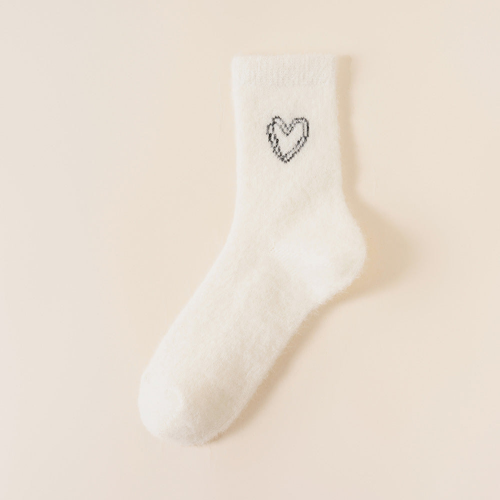 Fuzzy Heart Embroidered Crew Socks - Beige