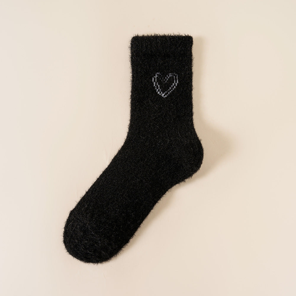 Fuzzy Heart Embroidered Crew Socks - Black