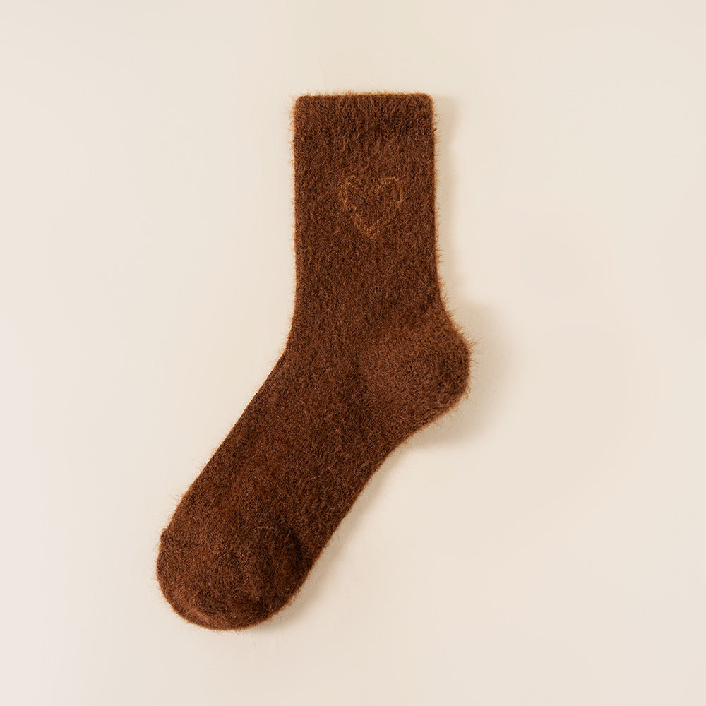 Fuzzy Heart Embroidered Crew Socks - Coffee