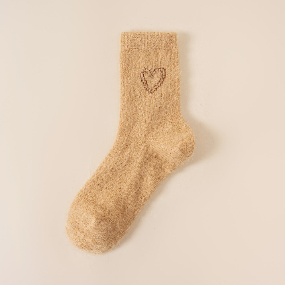 Fuzzy Heart Embroidered Crew Socks - Khaki