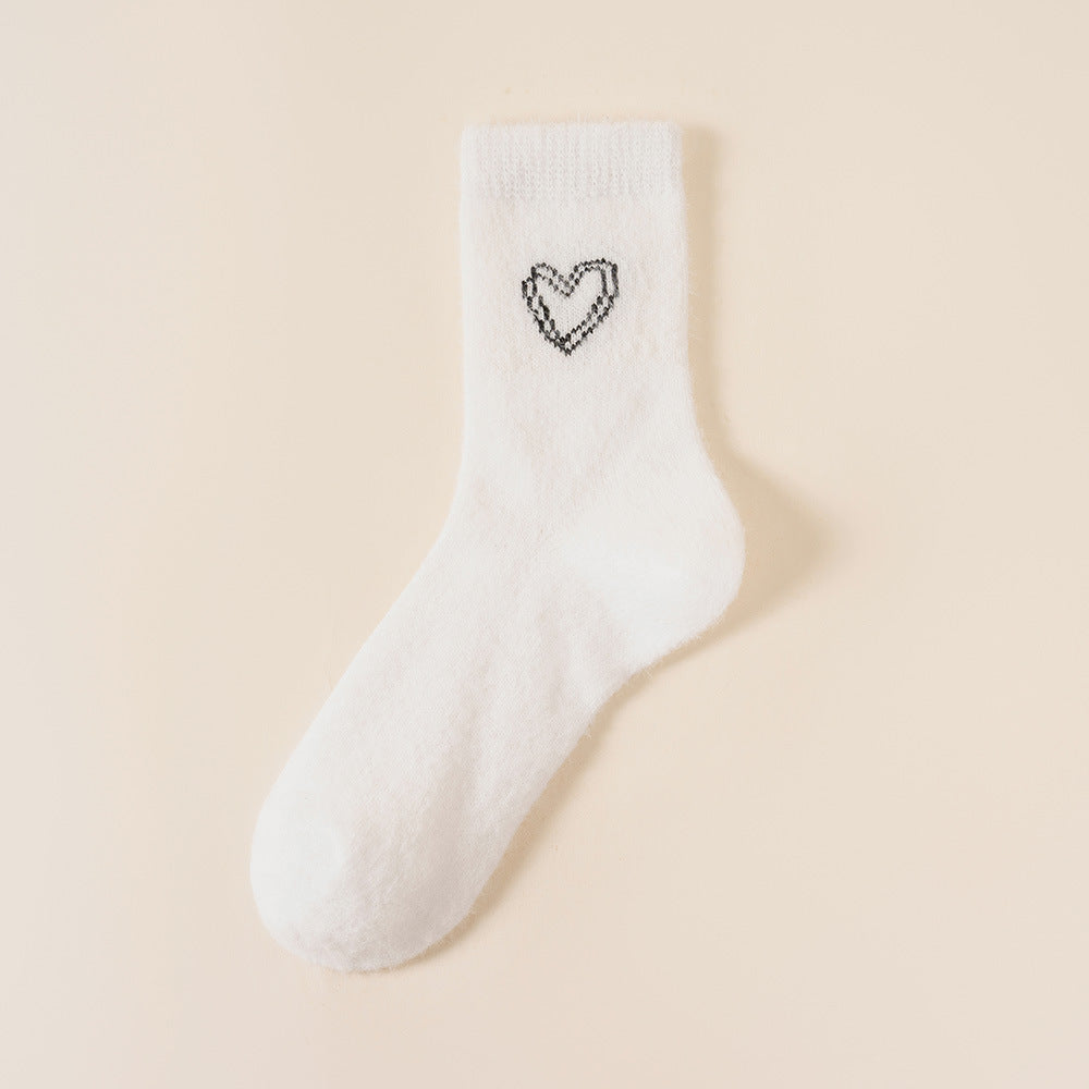 Fuzzy Heart Embroidered Crew Socks - White - 1