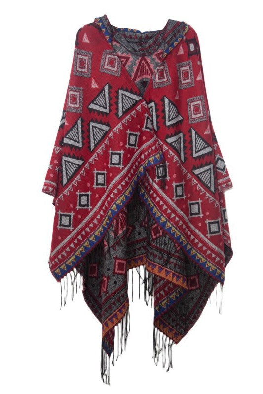 Geometric Fringe Trim Hooded Blanket Wrap - red