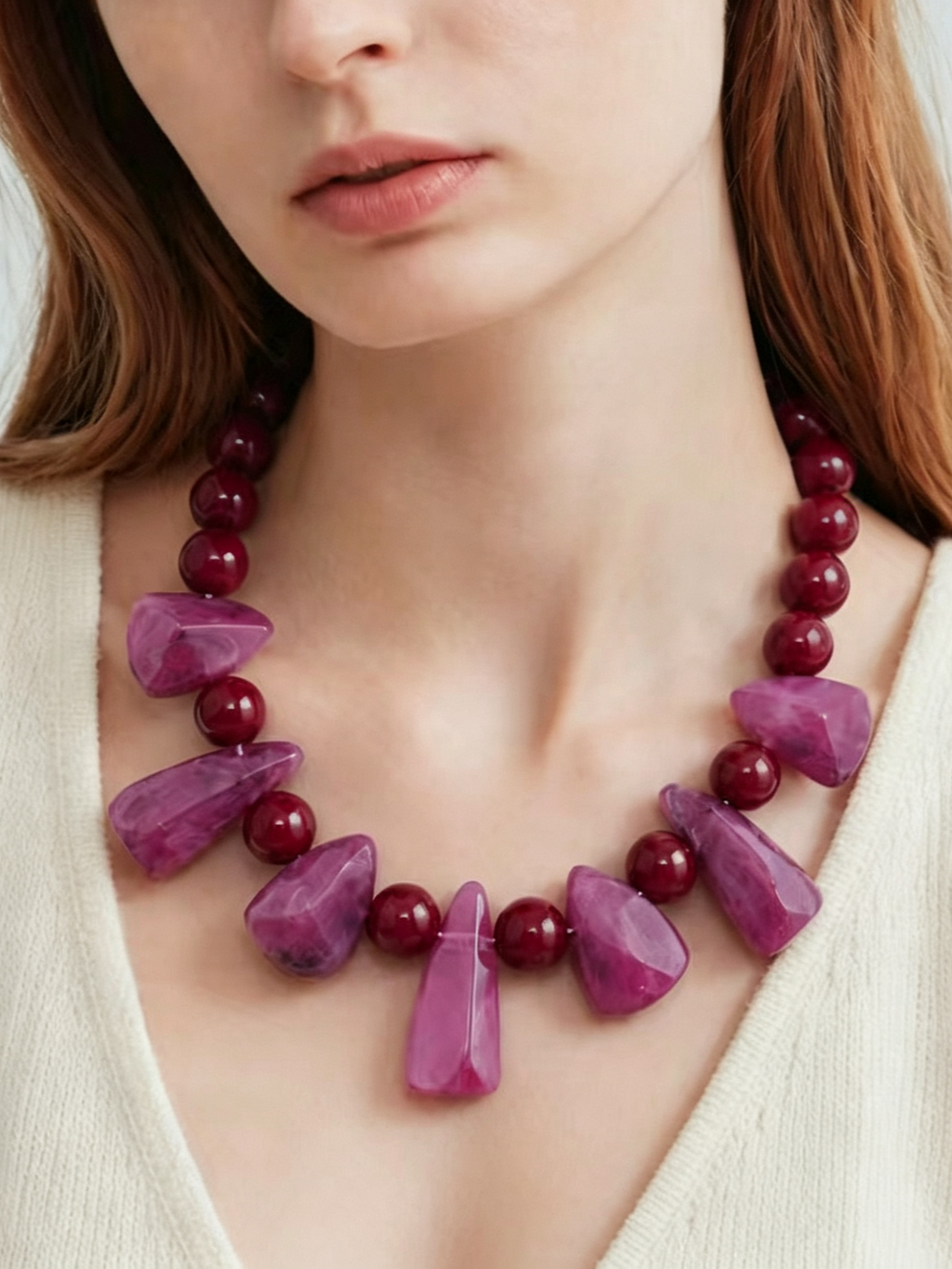 Beaded Statement Necklace With Marbled Resin Drops - Purple