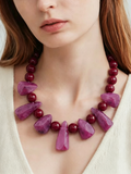 Beaded Statement Necklace With Marbled Resin Drops - Purple