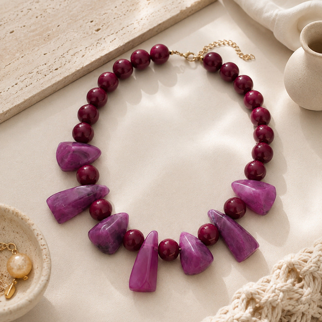 Beaded Statement Necklace With Marbled Resin Drops - Purple - 1