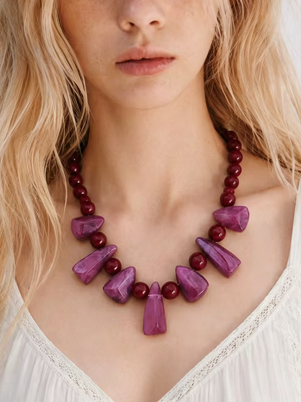 Beaded Statement Necklace With Marbled Resin Drops - Purple - 2