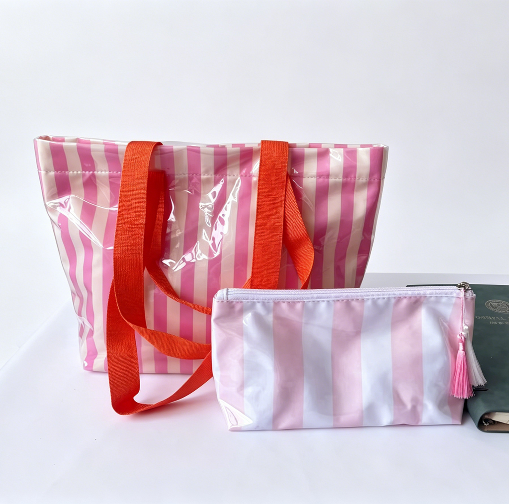 Waterproof PVC Beach Tote With Matching Pouch - Pink