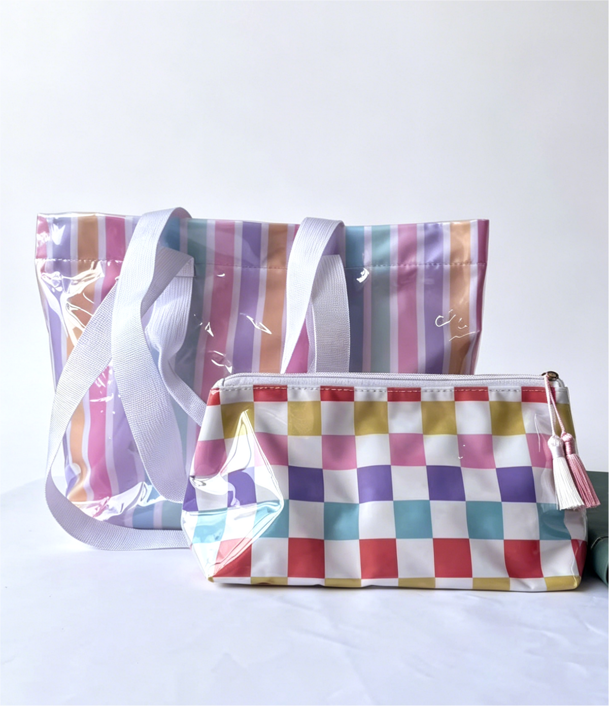Waterproof PVC Beach Tote With Matching Pouch - Rainbow