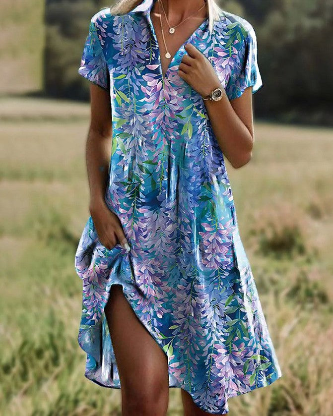 Split Hem Boho Print Collared Sundress - Blue
